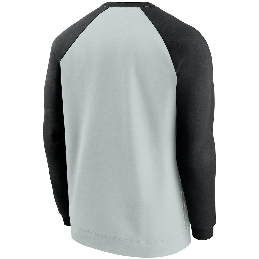 Las Vegas Raiders Historic Raglan Crew Performance Sweater - Silver/Black on sale