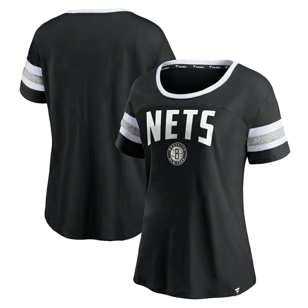 Brooklyn Nets Women's Block Party Striped Sleeve T-Shirt - Black/Heathered Gray on sale