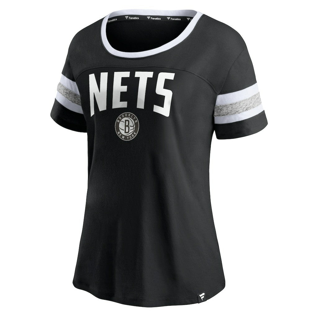 Brooklyn Nets Women's Block Party Striped Sleeve T-Shirt - Black/Heathered Gray on sale