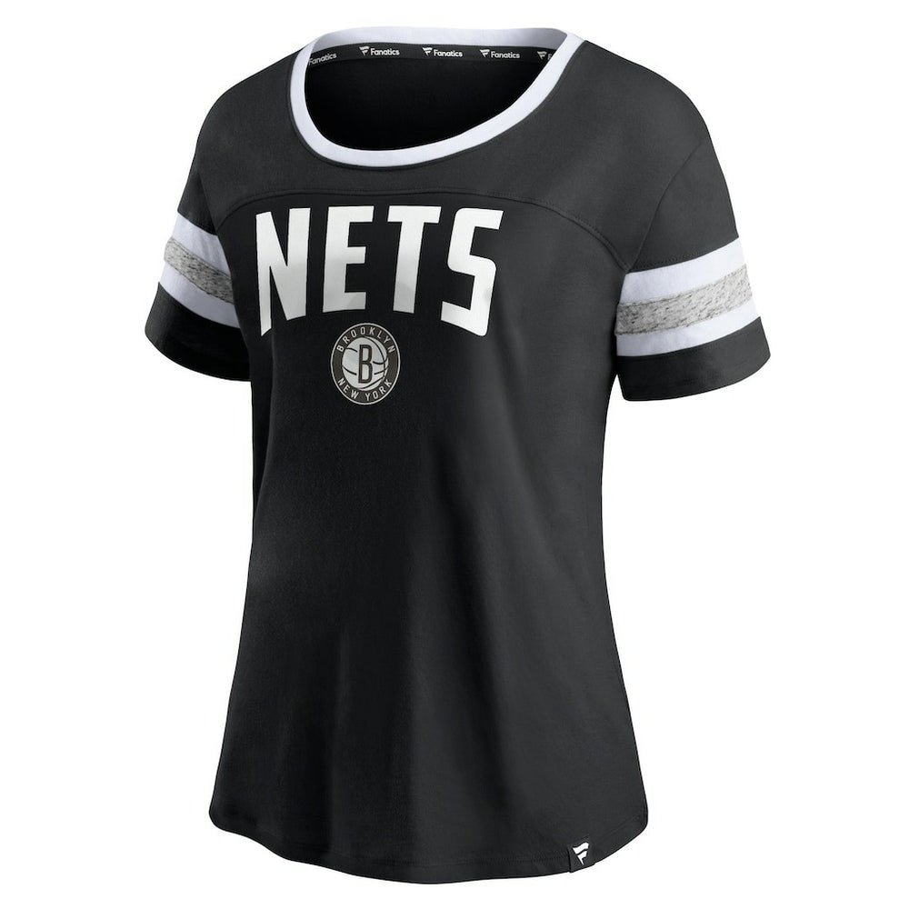 Brooklyn Nets Women's Block Party Striped Sleeve T-Shirt - Black/Heathered Gray on sale