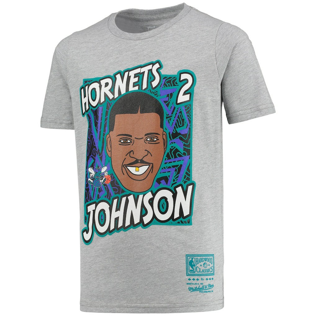 Larry Johnson Charlotte Hornets Youth Hardwood Classics King of the Court Player T-Shirt - Gray for sale