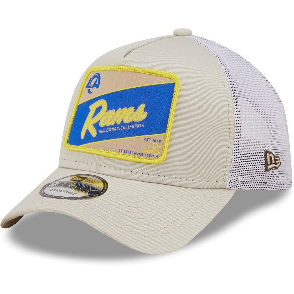 Los Angeles Rams New Era Happy Camper A-Frame Trucker 9FORTY Snapback Hat - Khaki/White online