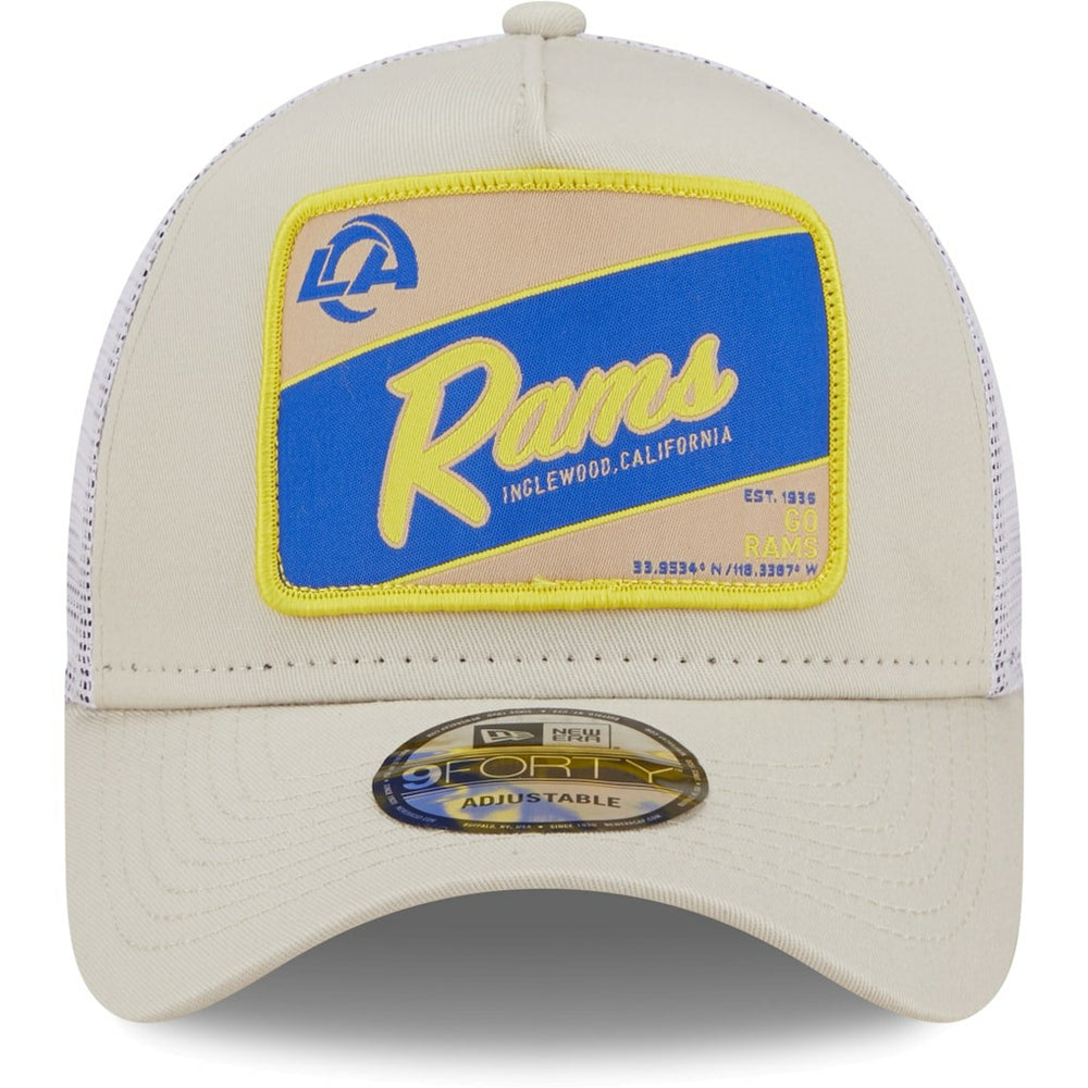 Los Angeles Rams New Era Happy Camper A-Frame Trucker 9FORTY Snapback Hat - Khaki/White online