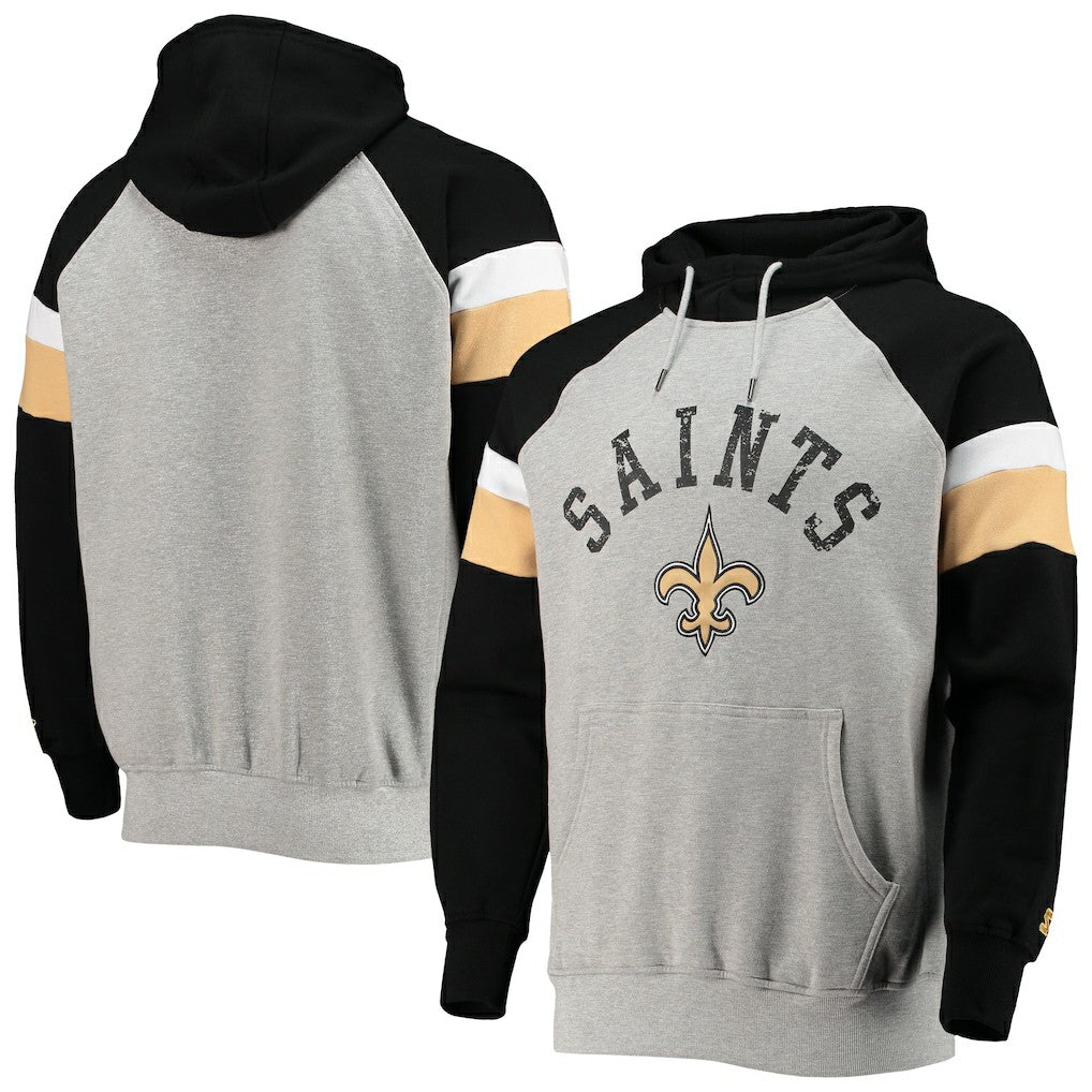 New Orleans Saints Starter Home Run Raglan Pullover Hoodie - Heathered Gray/Black for sale