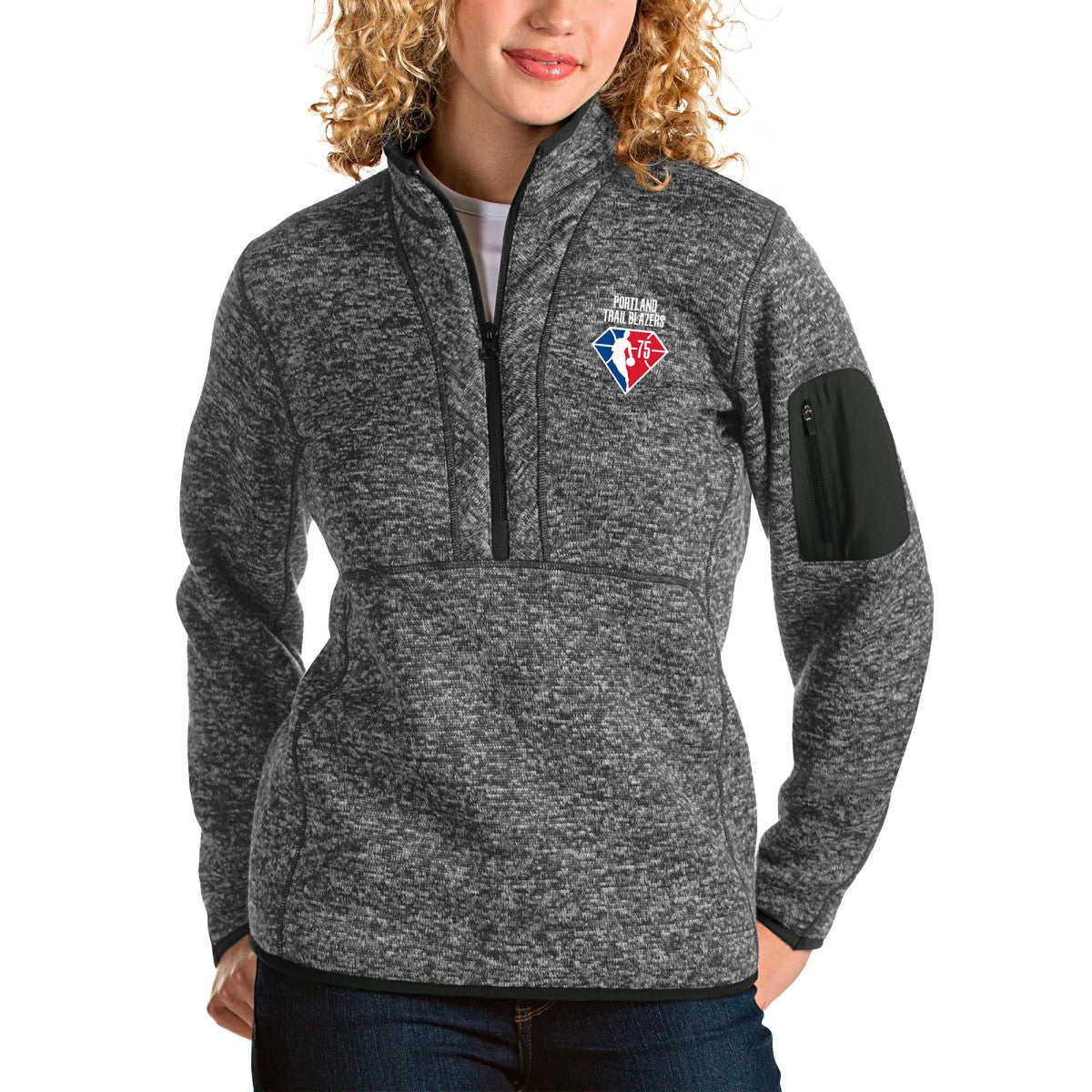 Portland Trail Blazers Antigua Women's NBA 75th Anniversary Fortune Quarter-Zip Pullover Jacket - Heathered Charcoal for sale