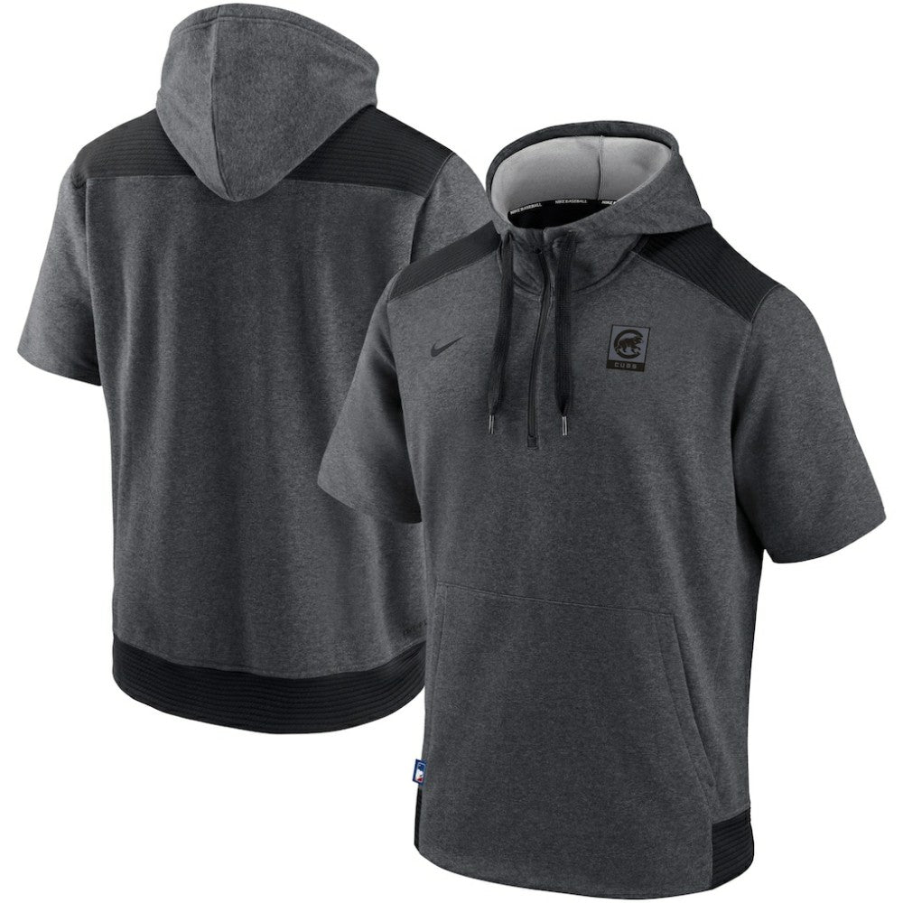 Chicago Cubs Authentic Collection Dry Flux Performance Quarter-Zip Short Sleeve Hoodie Heathered Charcoal/Black