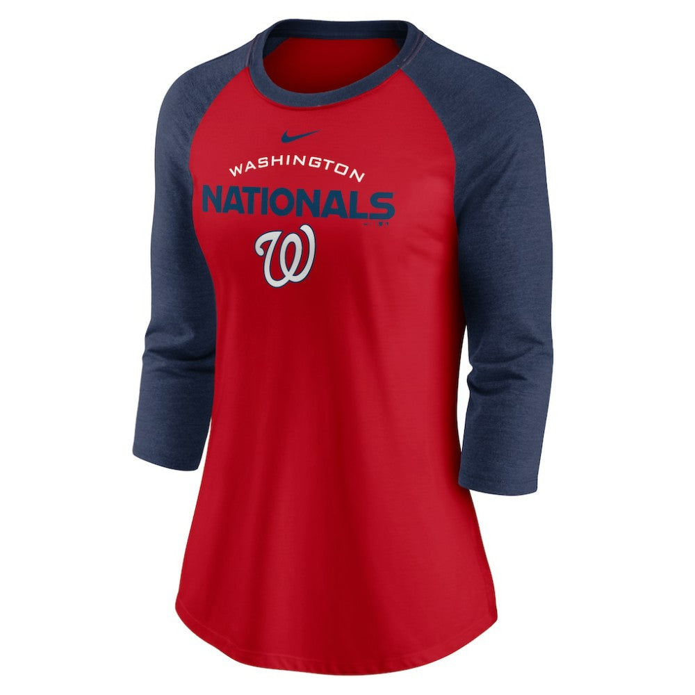 Washington Nationals Women's Modern Baseball Arch Tri-Blend Raglan 3/4-Sleeve T-Shirt Red/Navy