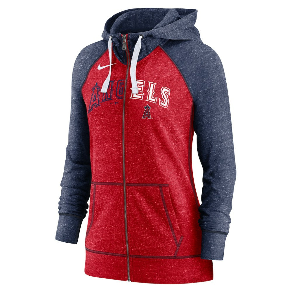 Los Angeles Angels Women's Split Wordmark Gym Vintage Raglan Lightweight Full-Zip Hoodie Heather Red/Heather Navy