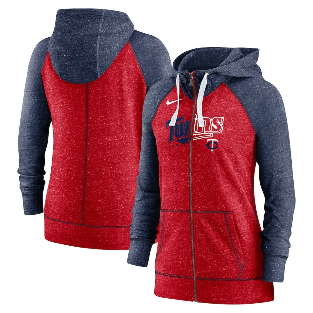 Minnesota Twins Women's Split Wordmark Gym Vintage Raglan Lightweight Full-Zip Hoodie Heather Red/Heather Navy