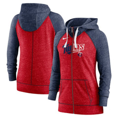 Minnesota Twins Women's Split Wordmark Gym Vintage Raglan Lightweight Full-Zip Hoodie Heather Red/Heather Navy