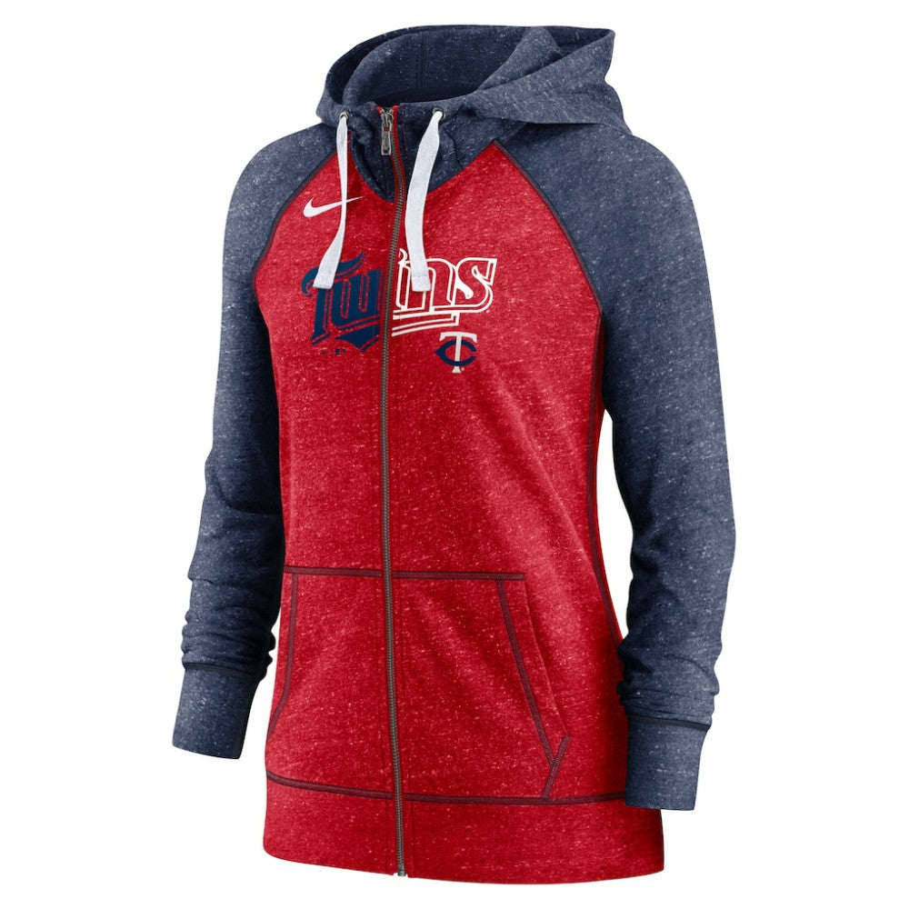 Minnesota Twins Women's Split Wordmark Gym Vintage Raglan Lightweight Full-Zip Hoodie Heather Red/Heather Navy