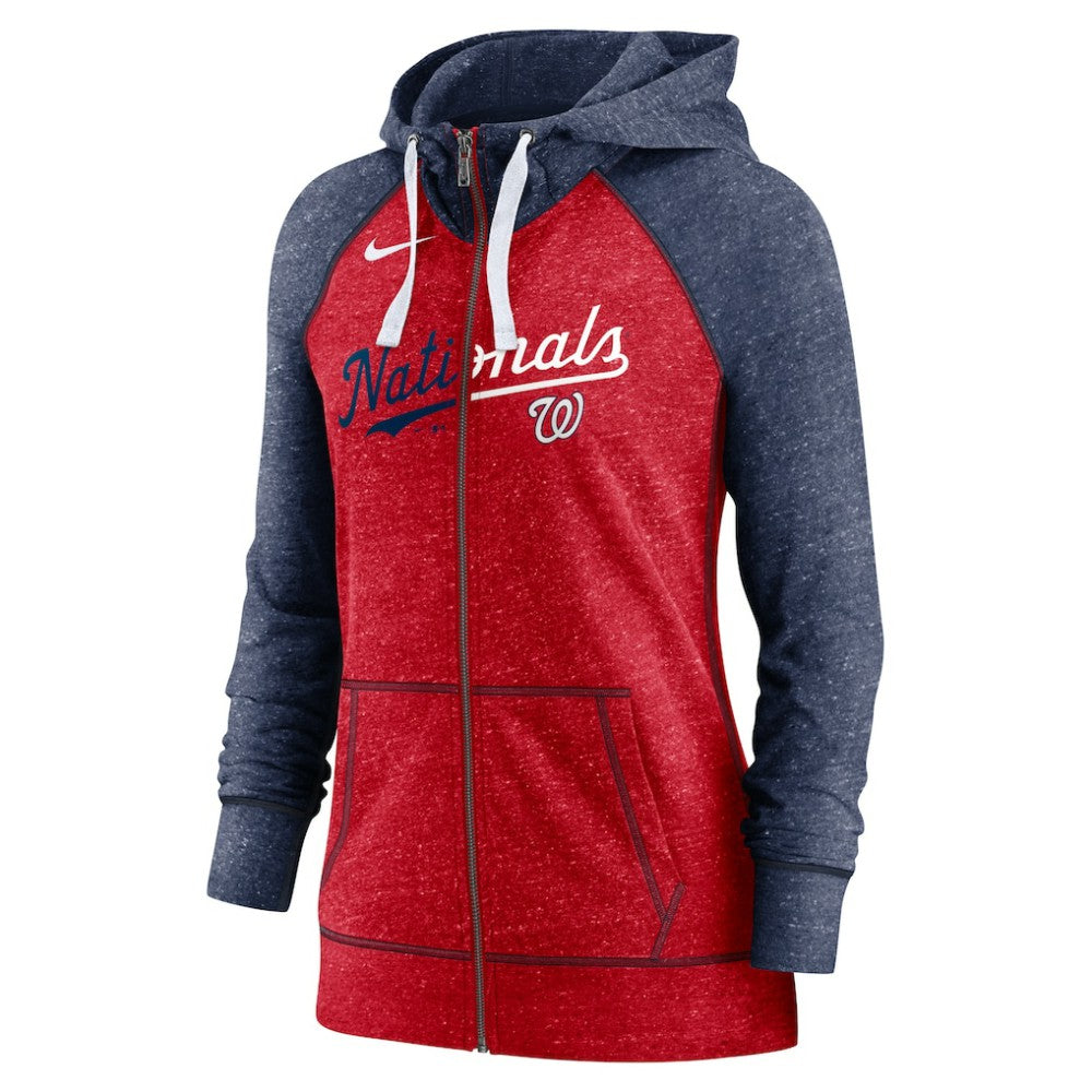 Washington Nationals Women's Split Wordmark Gym Vintage Raglan Lightweight Full-Zip Hoodie Heather Red/Heather Navy