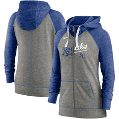 Kansas City Royals Women's Split Wordmark Gym Vintage Raglan Lightweight Full-Zip Hoodie Heather Charcoal/Heather Royal