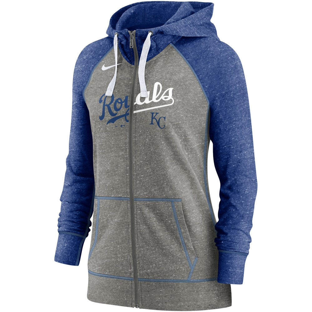 Kansas City Royals Women's Split Wordmark Gym Vintage Raglan Lightweight Full-Zip Hoodie Heather Charcoal/Heather Royal