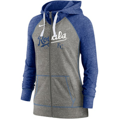 Kansas City Royals Women's Split Wordmark Gym Vintage Raglan Lightweight Full-Zip Hoodie Heather Charcoal/Heather Royal