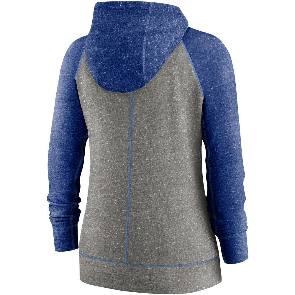 Kansas City Royals Women's Split Wordmark Gym Vintage Raglan Lightweight Full-Zip Hoodie Heather Charcoal/Heather Royal