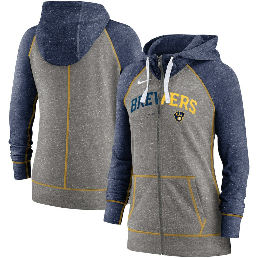 Milwaukee Brewers Women's Split Wordmark Gym Vintage Raglan Lightweight Full-Zip Hoodie Heather Charcoal/Heather Navy