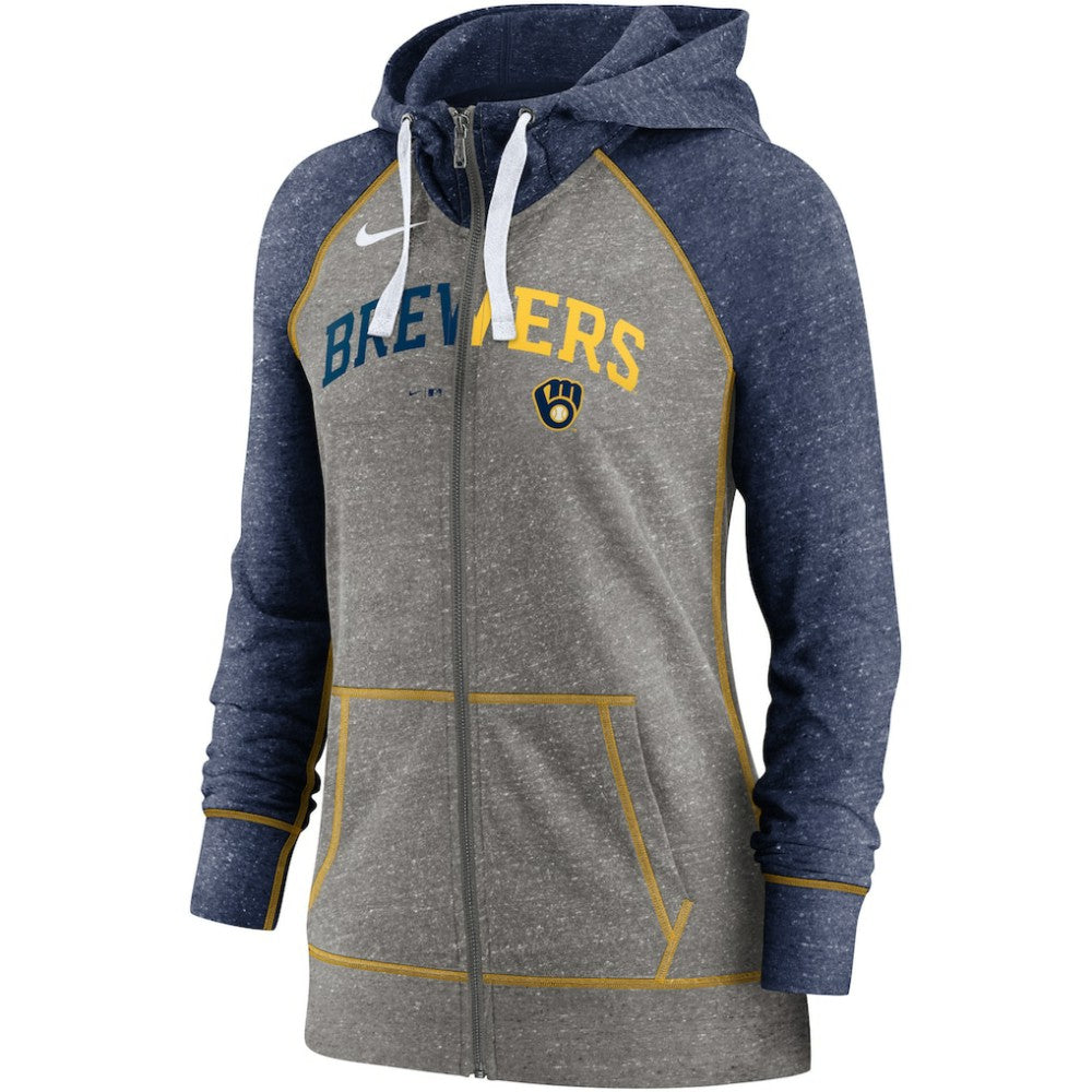 Milwaukee Brewers Women's Split Wordmark Gym Vintage Raglan Lightweight Full-Zip Hoodie Heather Charcoal/Heather Navy