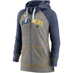 Milwaukee Brewers Women's Split Wordmark Gym Vintage Raglan Lightweight Full-Zip Hoodie Heather Charcoal/Heather Navy