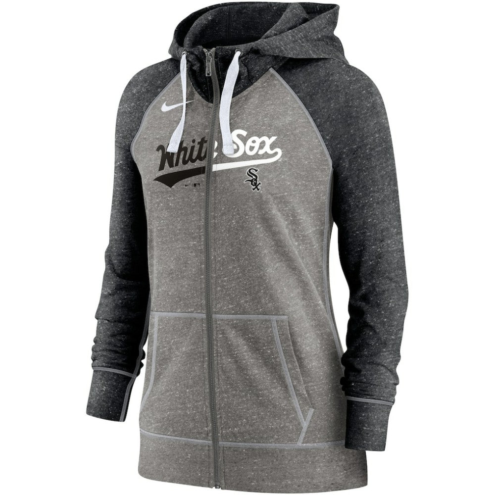 Chicago White Sox Women's Split Wordmark Gym Vintage Raglan Lightweight Full-Zip Hoodie Heather Charcoal/Heather Black