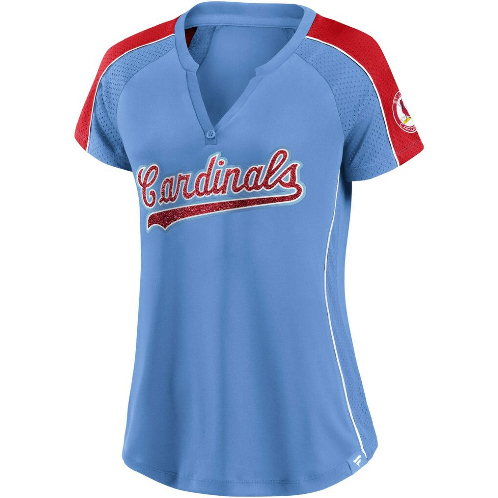 St. Louis Cardinals Women's Light Blue/Red True Classic League Diva Pinstripe Raglan V-Neck T-Shirt