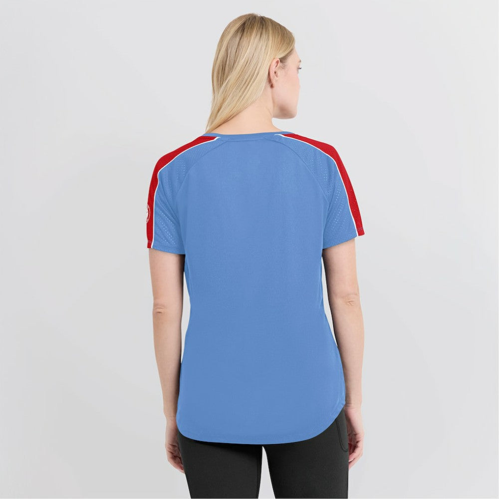 St. Louis Cardinals Women's Light Blue/Red True Classic League Diva Pinstripe Raglan V-Neck T-Shirt