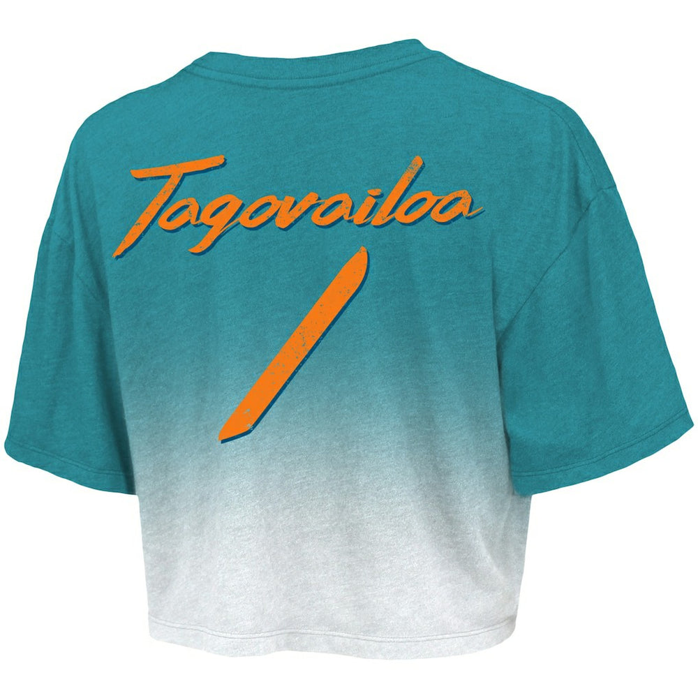 Tua Tagovailoa Miami Dolphins Majestic Threads Women's Dip-Dye Player Name & Number Crop Top - Aqua/White cheap