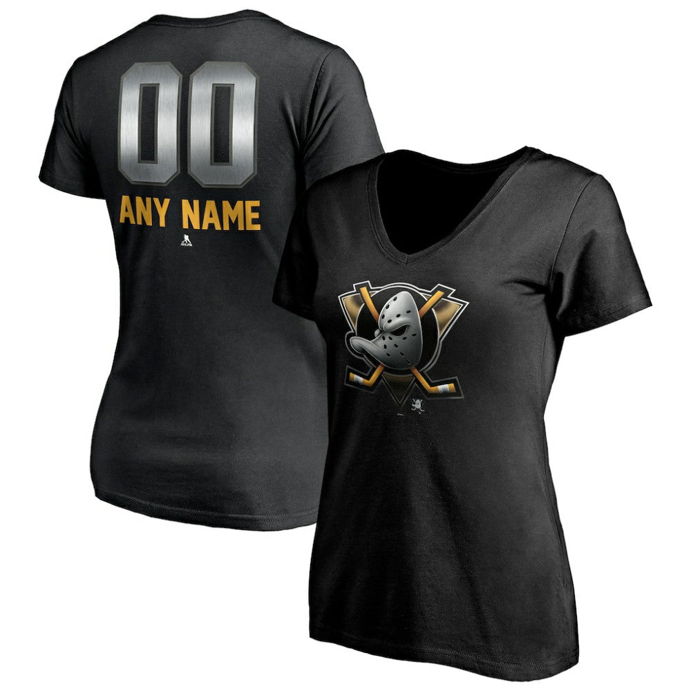 Anaheim Ducks Women's Personalized Midnight Mascot Logo V-Neck T-Shirt - Black T-shirts