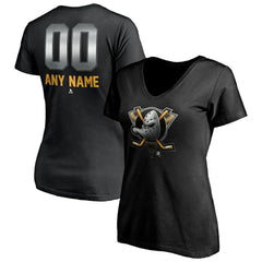 Anaheim Ducks Women's Personalized Midnight Mascot Logo V-Neck T-Shirt - Black T-shirts