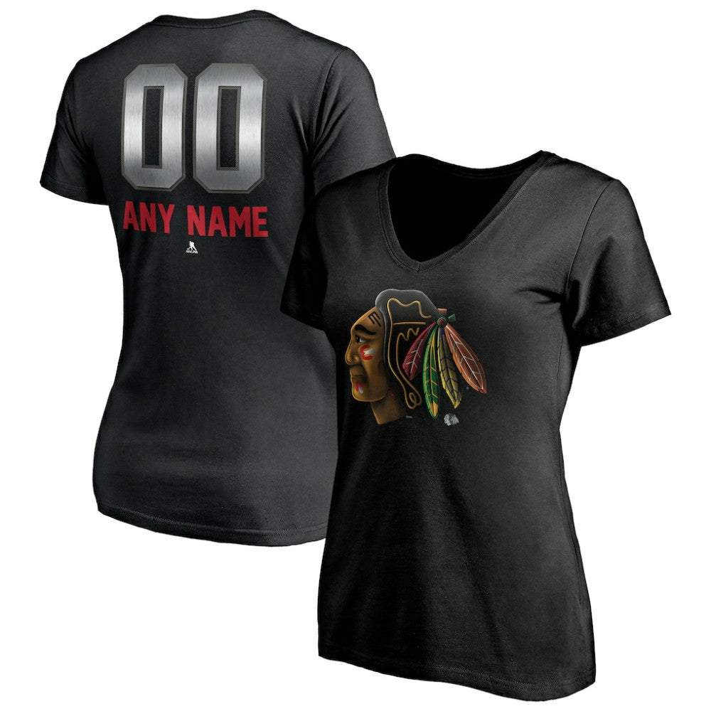 Chicago Blackhawks Women's Personalized Midnight Mascot Logo V-Neck T-Shirt - Black T-shirts
