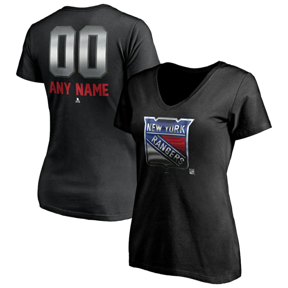 New York Rangers Women's Personalized Midnight Mascot Logo V-Neck T-Shirt - Black T-shirts