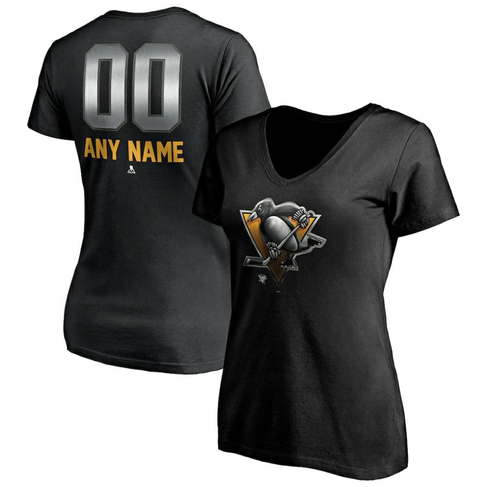 Pittsburgh Penguins Women's Personalized Midnight Mascot Logo V-Neck T-Shirt - Black T-shirts