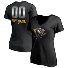 Pittsburgh Penguins Women's Personalized Midnight Mascot Logo V-Neck T-Shirt - Black T-shirts