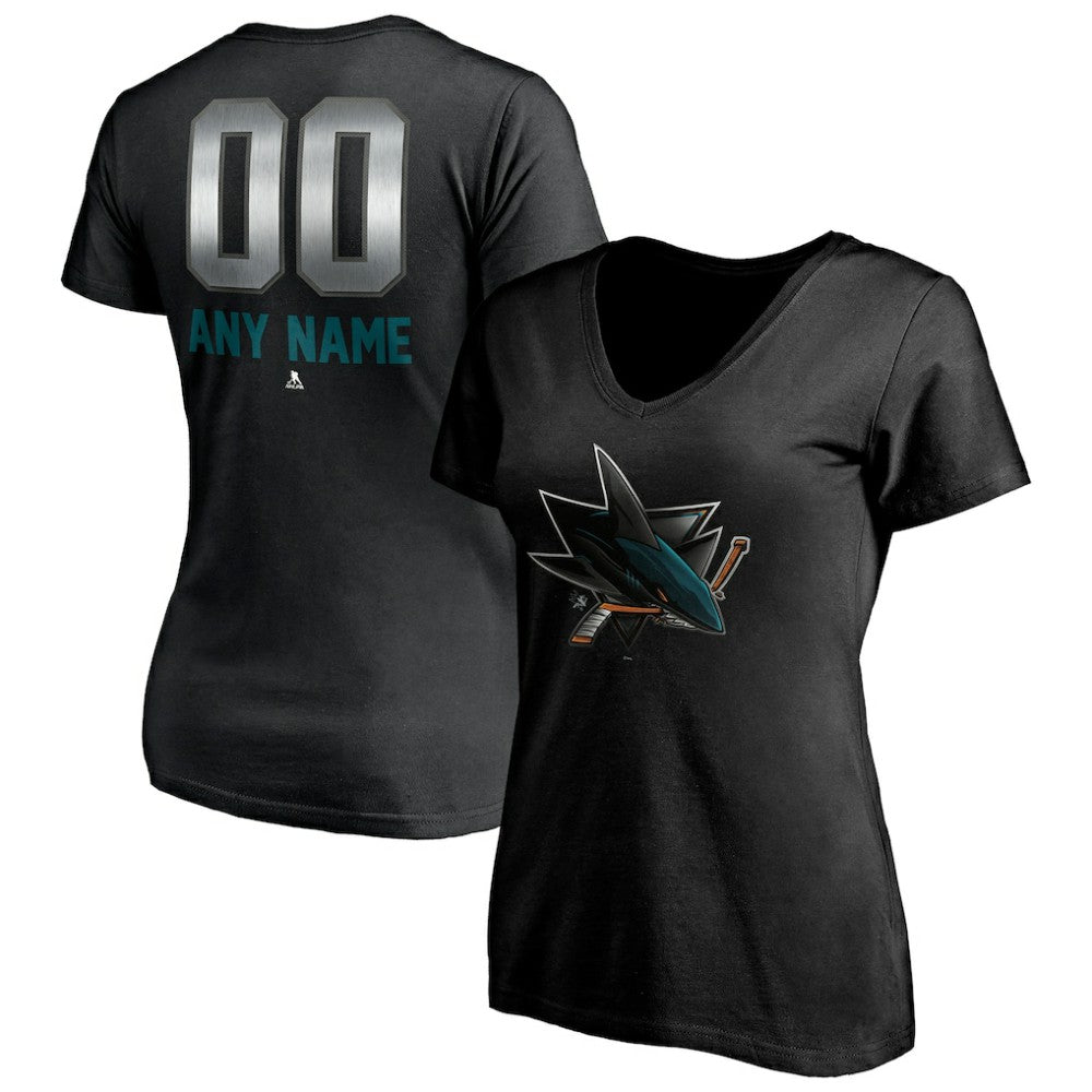 San Jose Sharks Women's Personalized Midnight Mascot Logo V-Neck T-Shirt - Black T-shirts