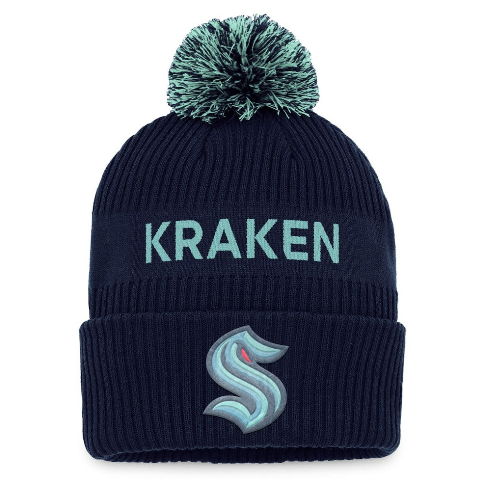 Seattle Kraken Fanatics 2022 NHL Draft Authentic Pro Cuffed Knit Hat with Pom - Deep Sea Blue/Light Blue Hats
