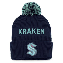 Seattle Kraken Fanatics 2022 NHL Draft Authentic Pro Cuffed Knit Hat with Pom - Deep Sea Blue/Light Blue Hats