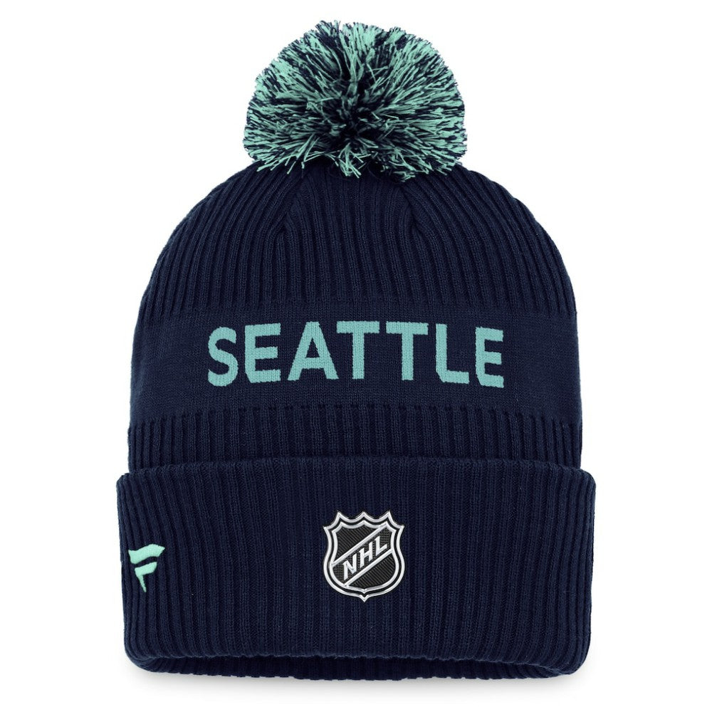Seattle Kraken Fanatics 2022 NHL Draft Authentic Pro Cuffed Knit Hat with Pom - Deep Sea Blue/Light Blue Hats