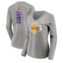 LeBron James Los Angeles Lakers Women's #6 Playmaker Name & Number Long Sleeve V-Neck T-Shirt - Heathered Gray discount