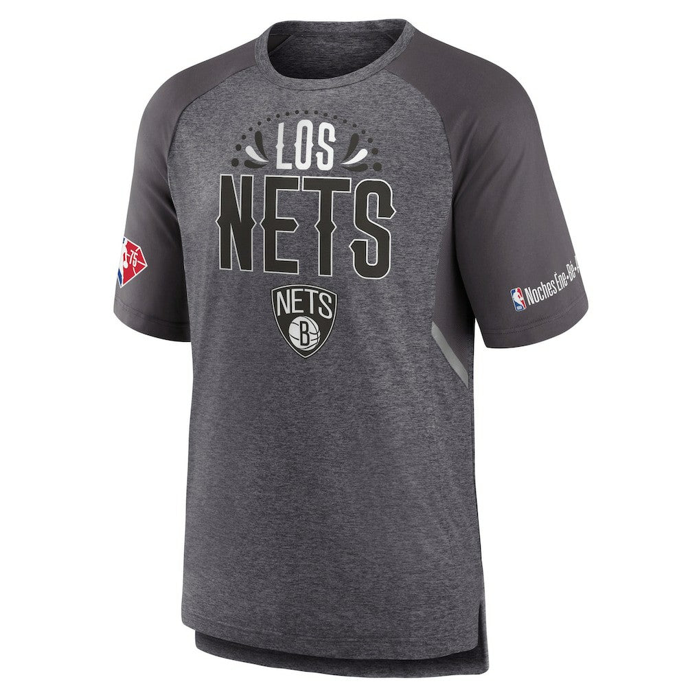 Brooklyn Nets 2022 Noches Ene-Be-A Core Shooting Raglan T-Shirt - Heathered Gray for sale