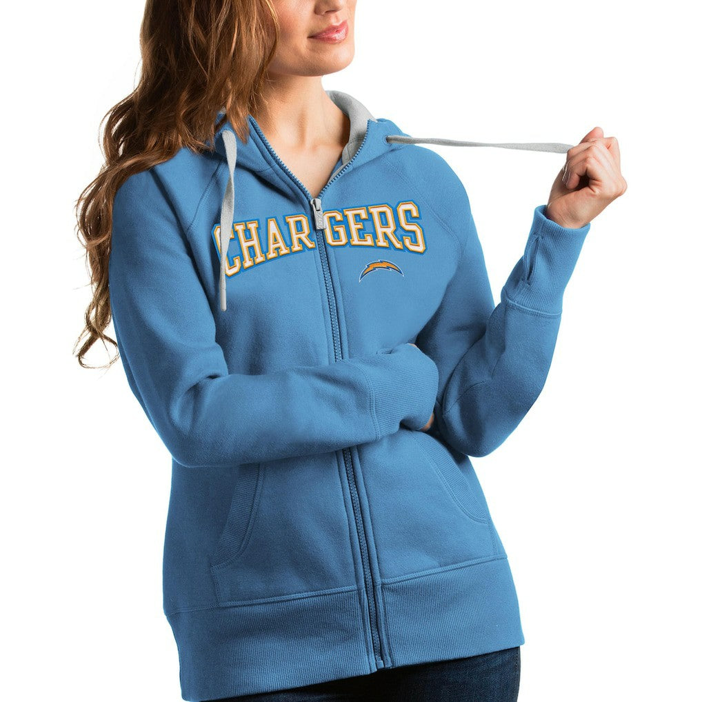 Los Angeles Chargers Antigua Women's Wordmark Victory Full-Zip Hoodie - Powder Blue on sale