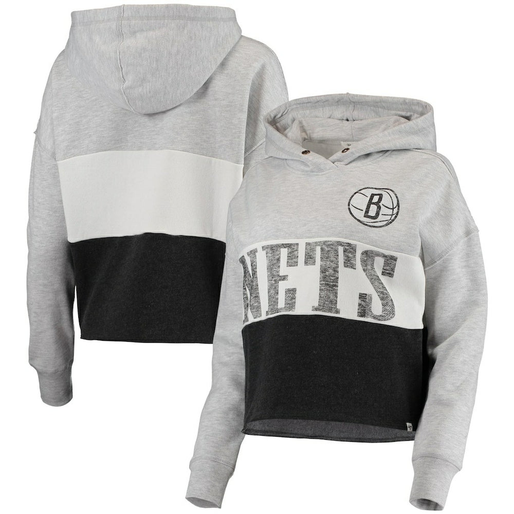 Brooklyn Nets '47 Women's Lizzy Cutoff Pullover Hoodie - Heathered Gray/Heathered Black on sale