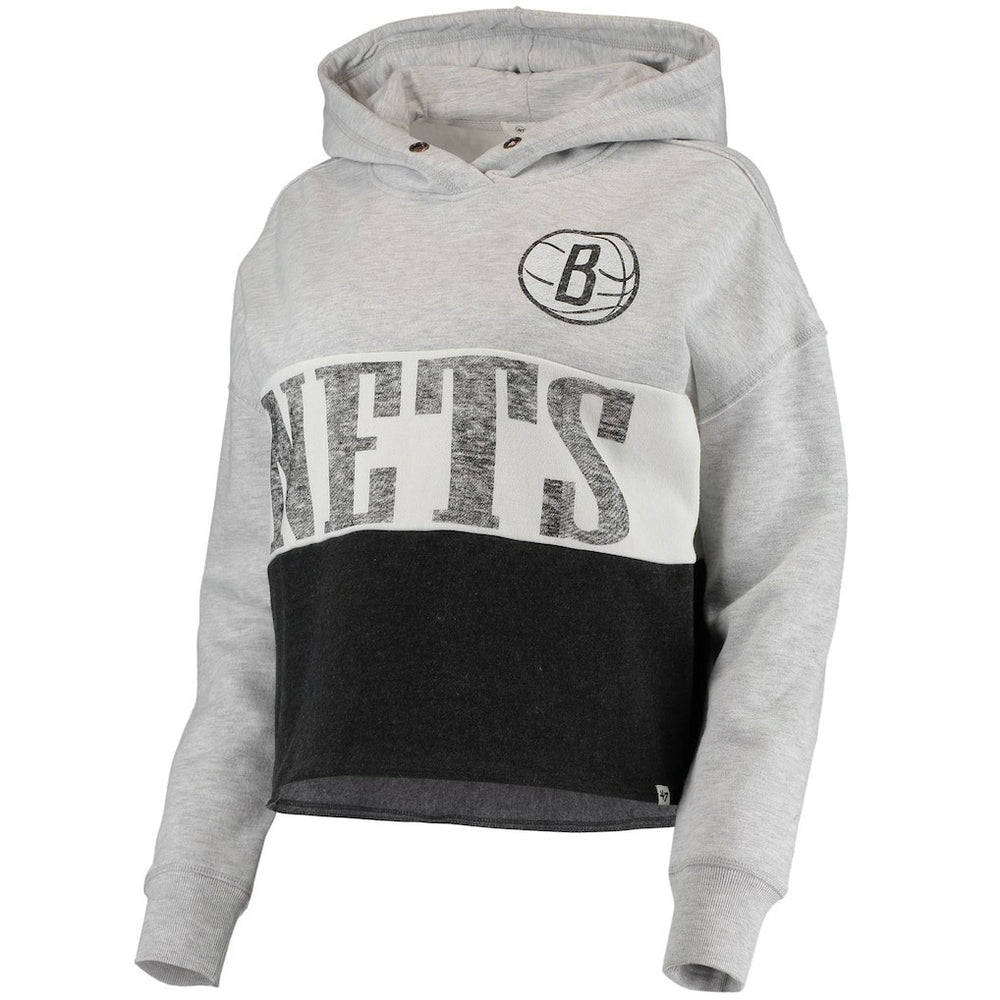 Brooklyn Nets '47 Women's Lizzy Cutoff Pullover Hoodie - Heathered Gray/Heathered Black on sale
