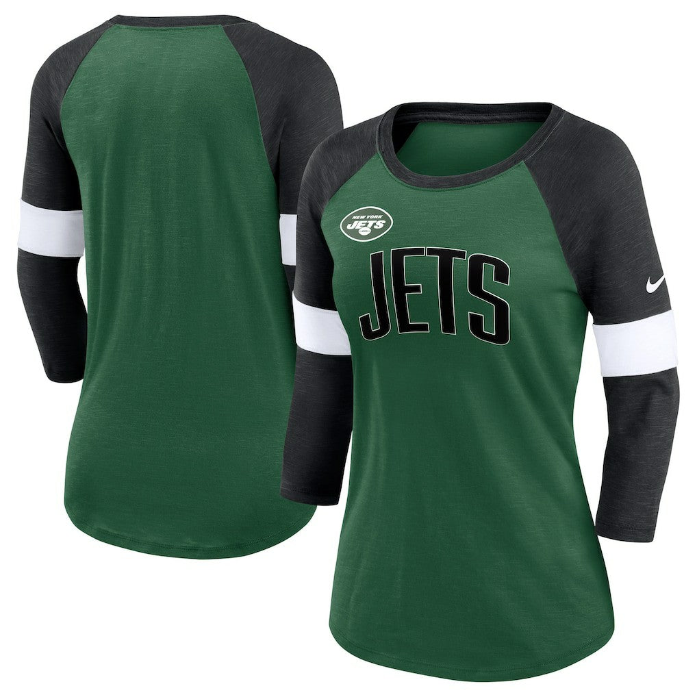 New York Jets Women's Football Pride Raglan 3/4-Sleeve T-Shirt - Heather Green/Heather Black online