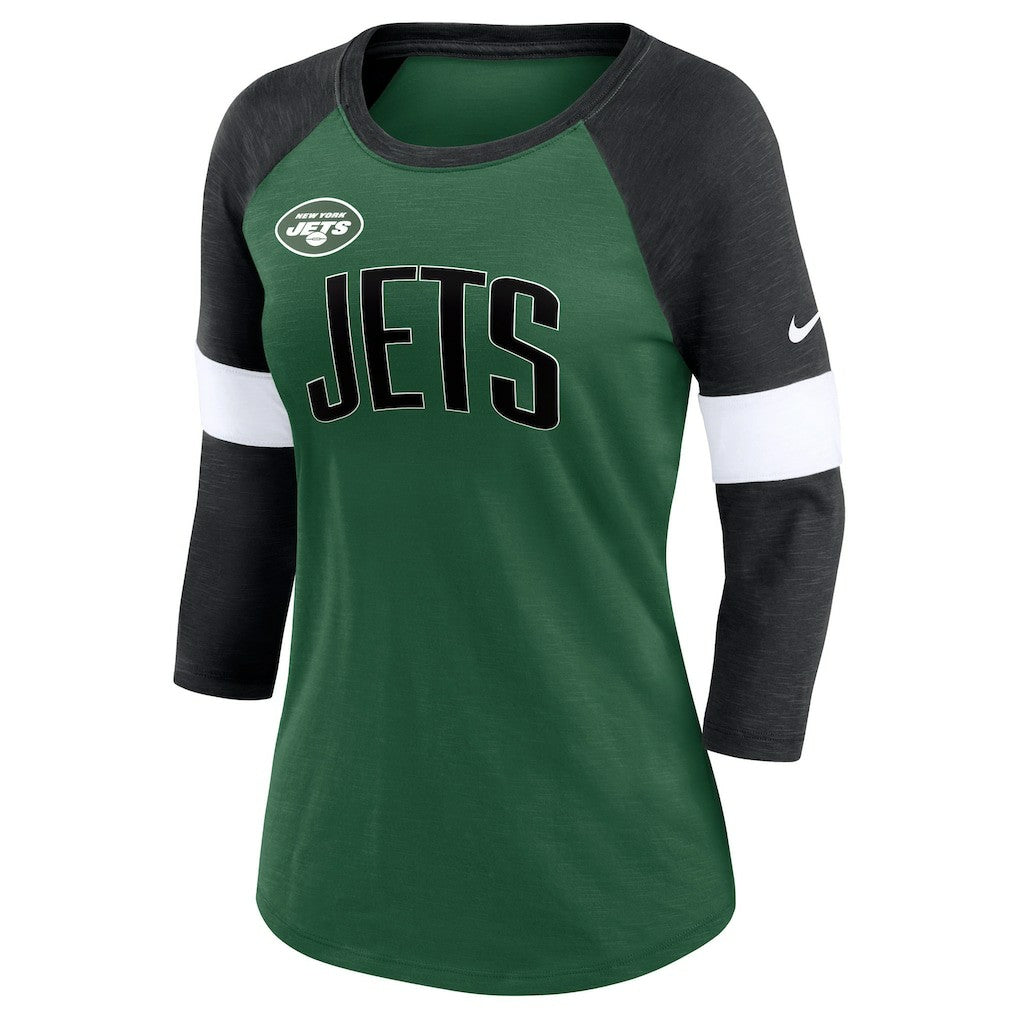 New York Jets Women's Football Pride Raglan 3/4-Sleeve T-Shirt - Heather Green/Heather Black online