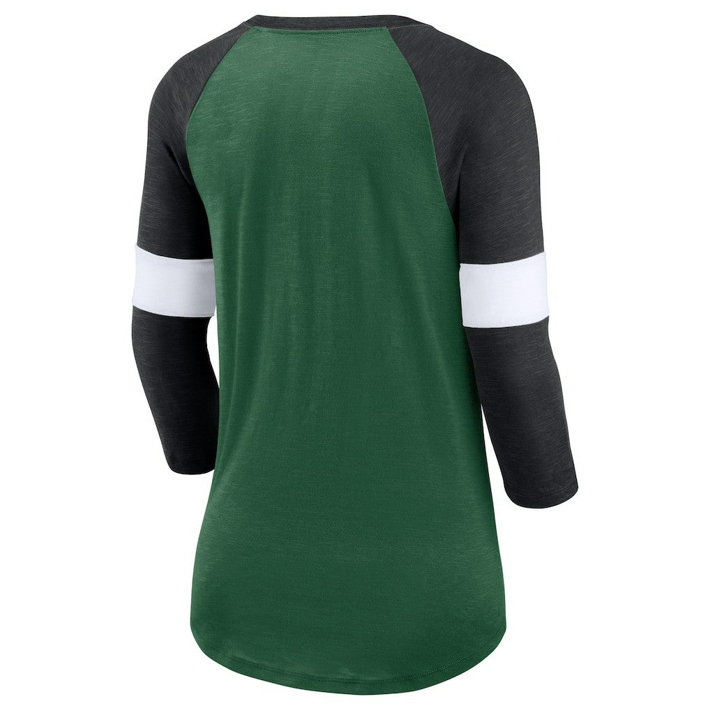 New York Jets Women's Football Pride Raglan 3/4-Sleeve T-Shirt - Heather Green/Heather Black online