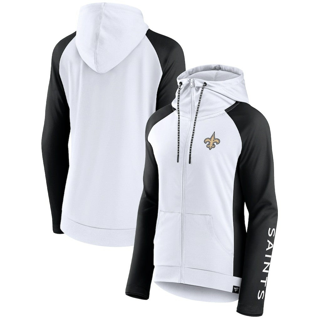 New Orleans Saints Women's End Around Lightweight Raglan Full-Zip Hoodie Jacket - White/Black on sale