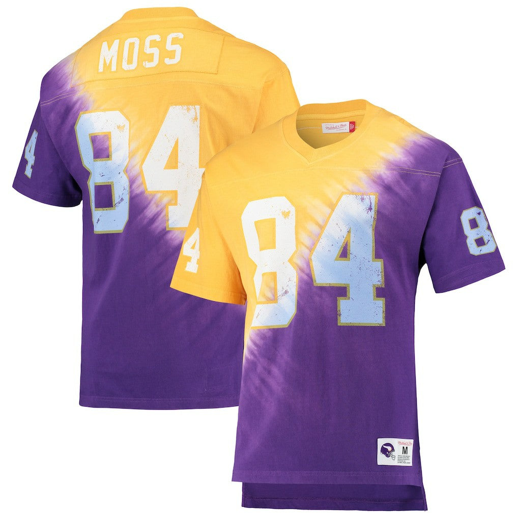 Randy Moss Minnesota Vikings Retired Player Name & Number Diagonal Tie-Dye V-Neck T-Shirt - Gold/Purple for sale