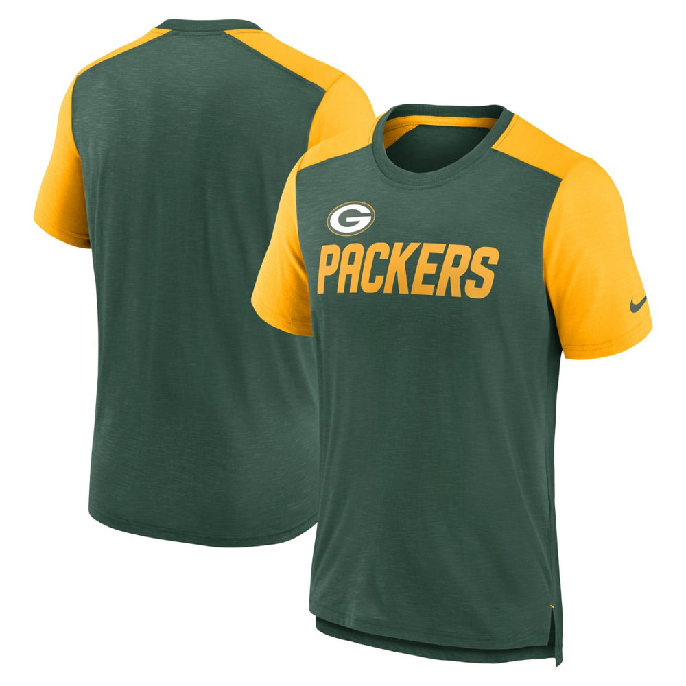 Green Bay Packers Color Block Team Name T-Shirt - Heathered Green/Heathered Gold sale