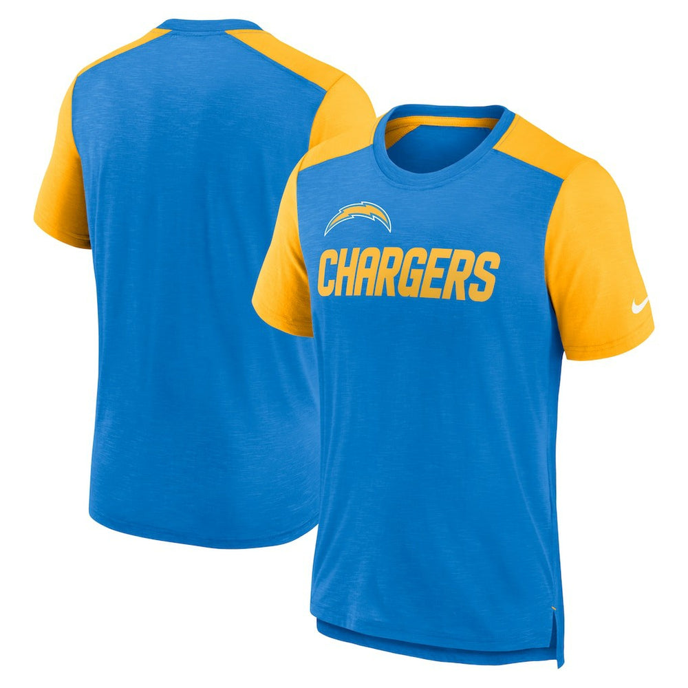 Los Angeles Chargers Color Block Team Name T-Shirt - Heathered Powder Blue/Heathered Gold cheap