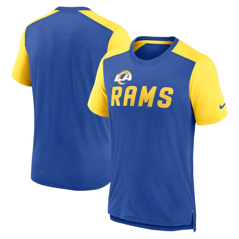 Los Angeles Rams Color Block Team Name T-Shirt - Heathered Royal/Heathered Gold discount